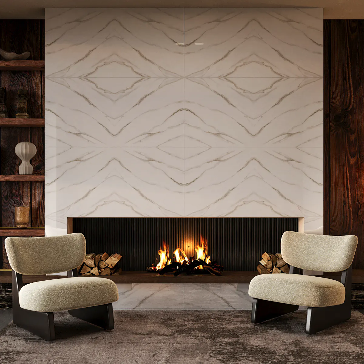 Fireplace wall book-matched in Lova Grey marble-look ORKAY vitrified porcelain, two armchairs before the fire