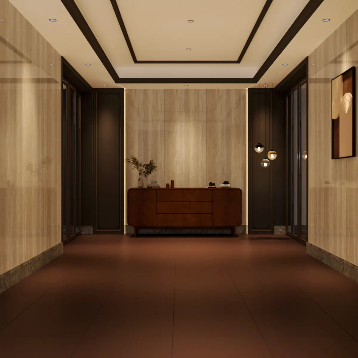 Corridor walled floor to ceiling in Roman Travertine large-format porcelain slabs, a walnut sideboard at its end