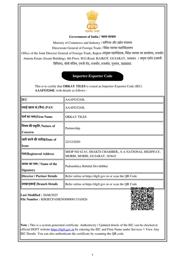 ORKAY Tiles’ Importer-Exporter Code certificate, AAAFO3244L, from the Directorate General of Foreign Trade