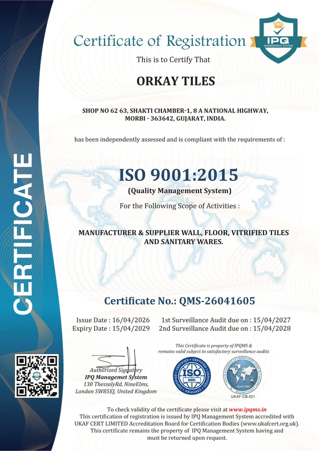 ORKAY Tiles’ ISO 9001:2015 certificate of registration, QMS-26041605, from IPQ Management System