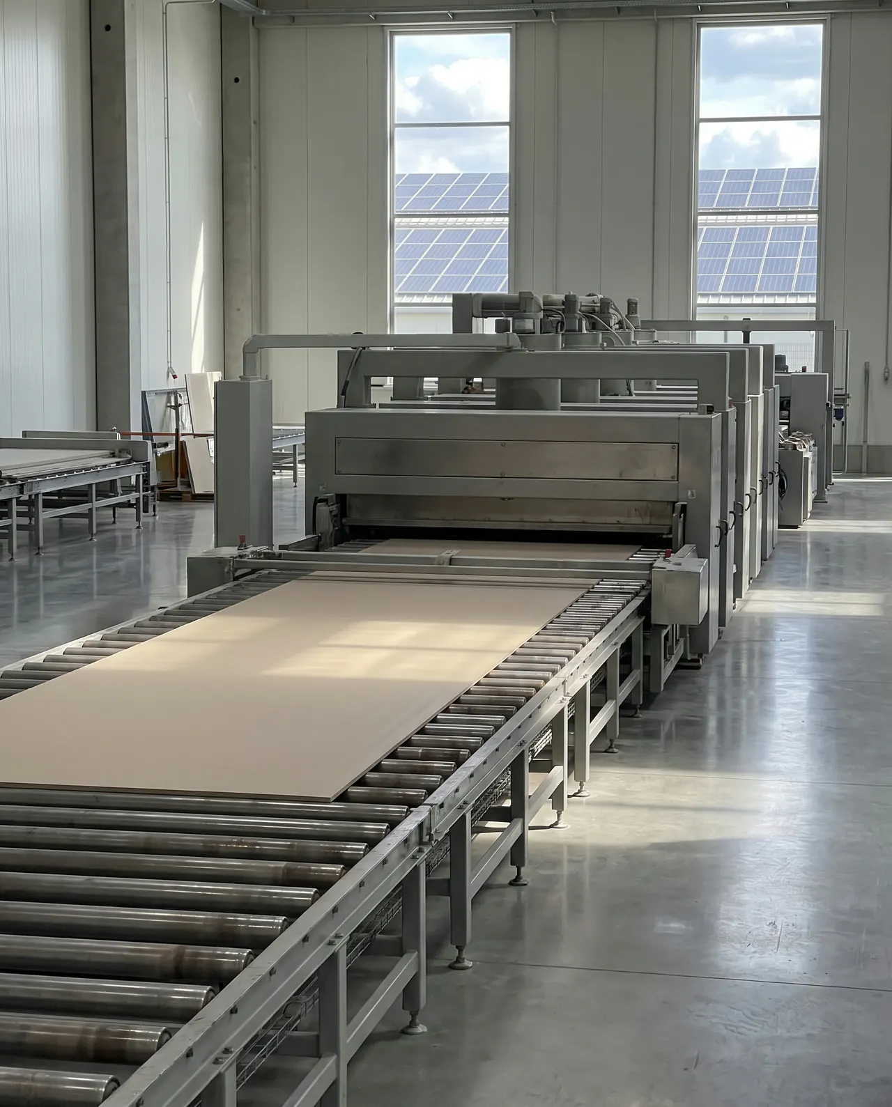 The SACMI CONTINUA+ slab line at the ORKAY Morbi campus, a fired slab running out on the rollers