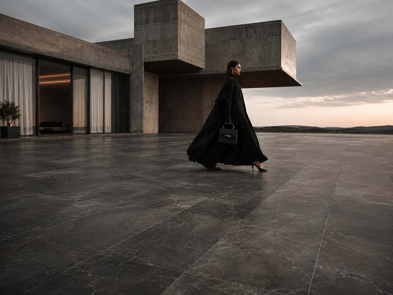 Woman in black crossing a terrace paved in grey stone-look vitrified porcelain tiles, concrete villa behind her at dusk