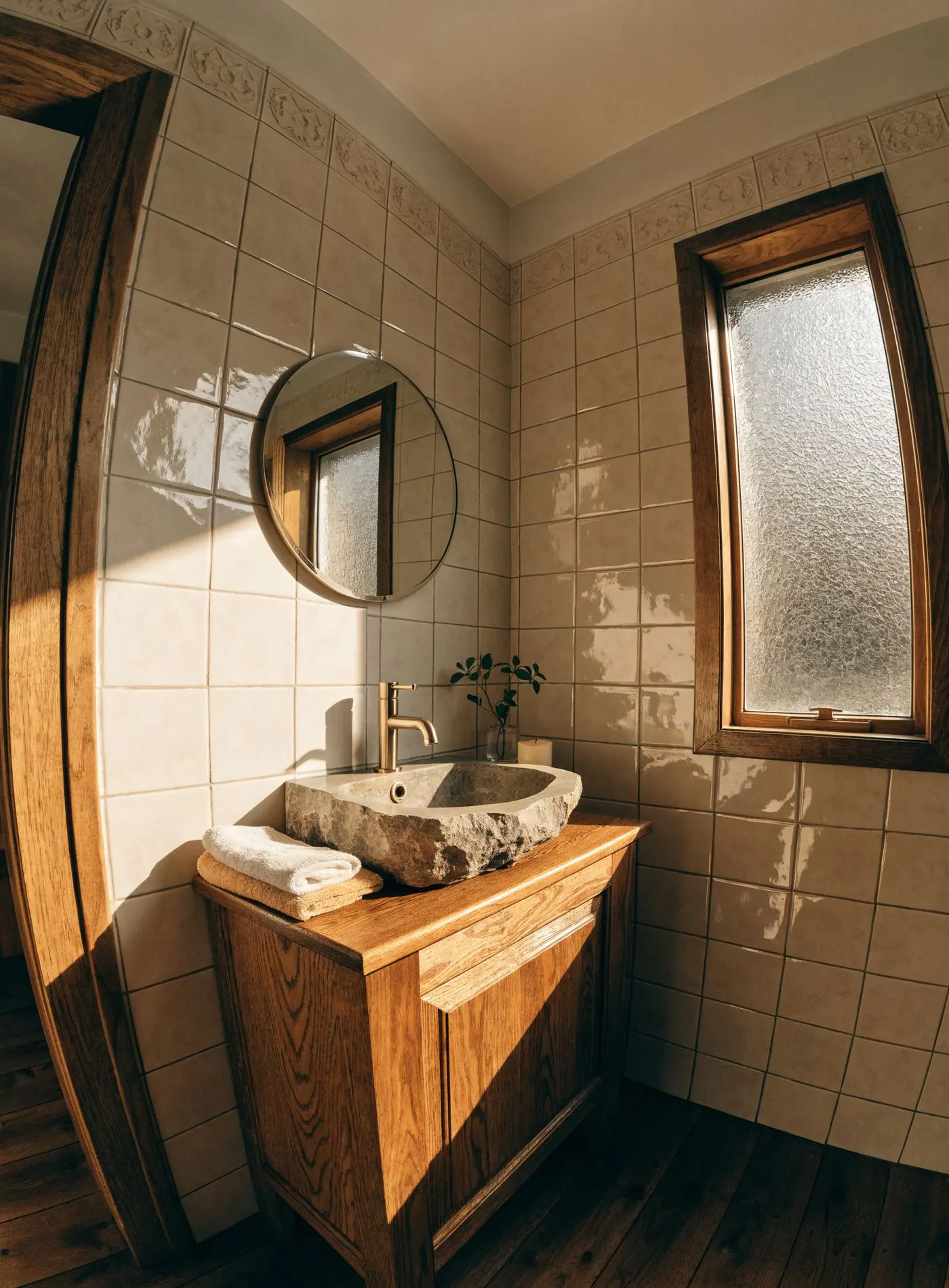 Wash basin on a timber vanity in a bathroom walled in glossy cream ORKAY ceramic tile