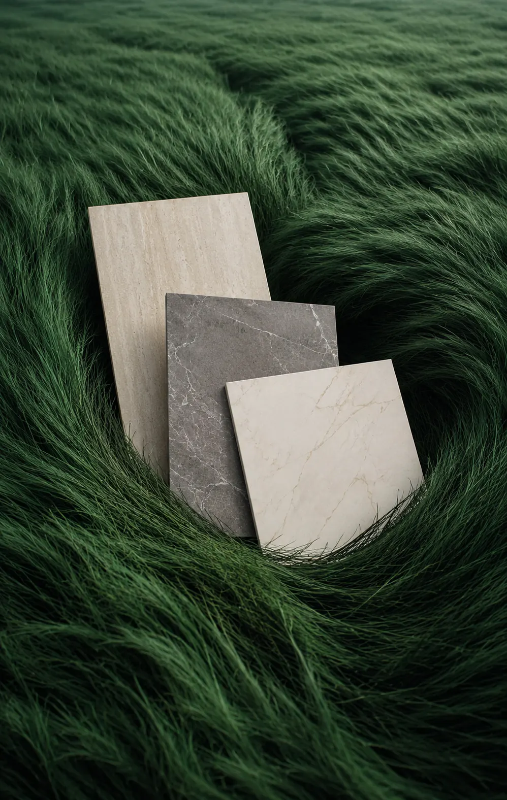 Three stone-look outdoor tile samples standing in wind-swept grass