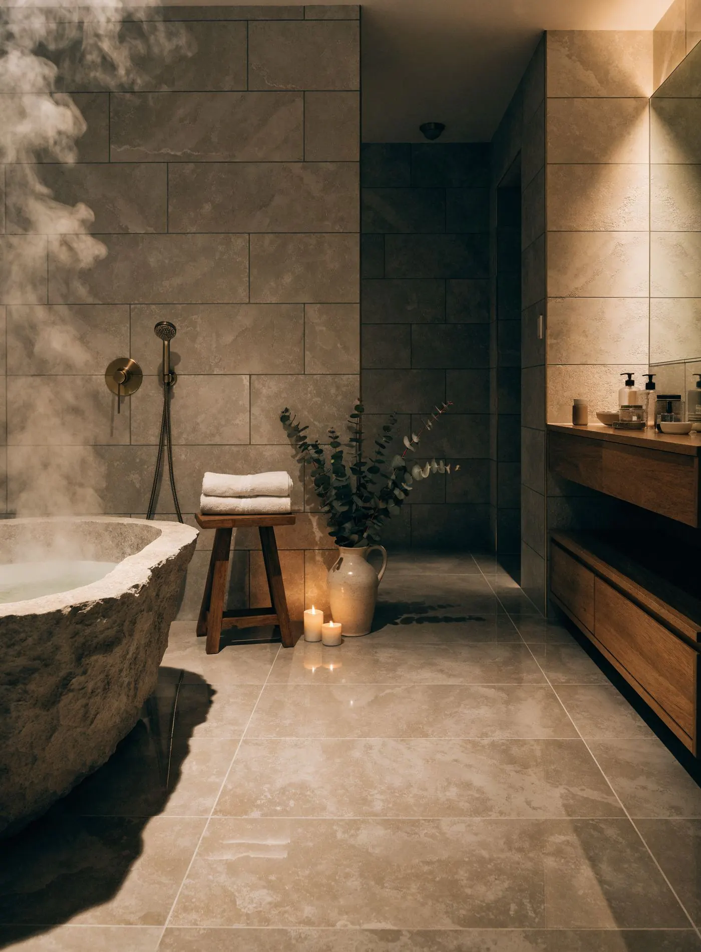 Candle-lit bathroom in stone-look tile, a carved stone tub in the corner