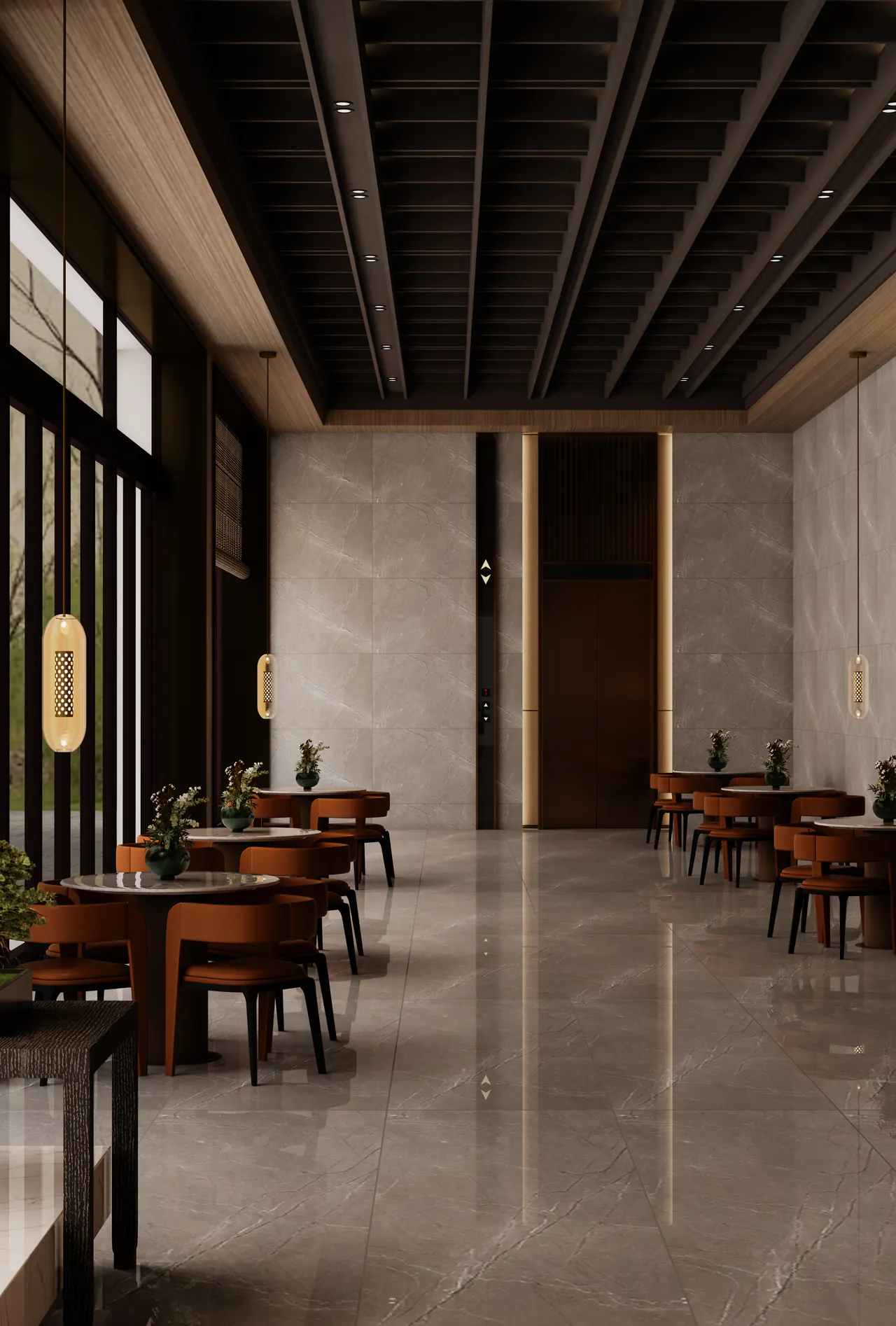 Double-height lobby café floored and walled in polished Imperial Armani Grey marble-look ORKAY vitrified porcelain