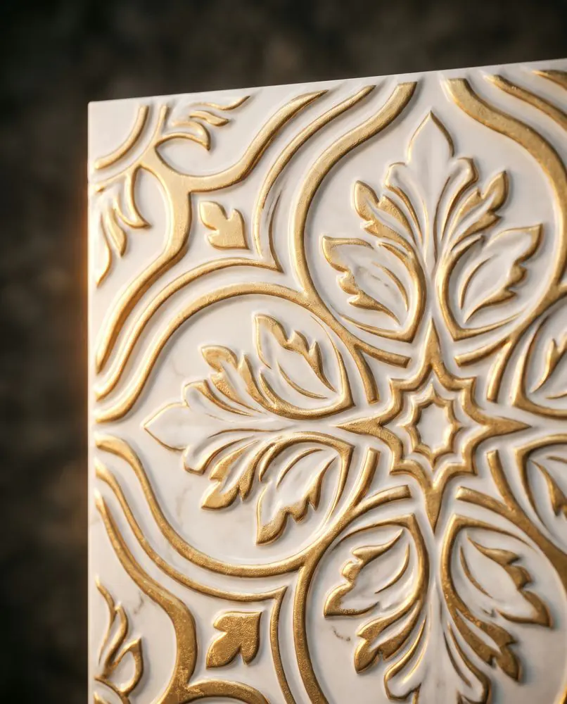 Golden Carving series tile — raised carved pattern finished in gold lustre