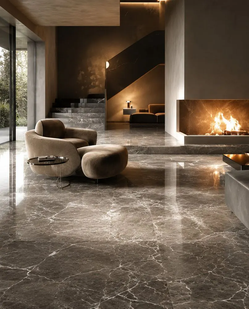 Living room floored in polished grey marble-look ORKAY tile, a lit fireplace along the far wall