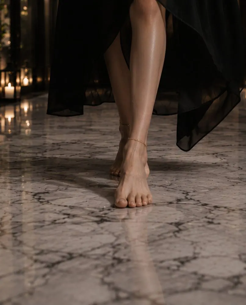Barefoot woman in black crossing a candlelit hall floored in polished marble-look ORKAY vitrified porcelain