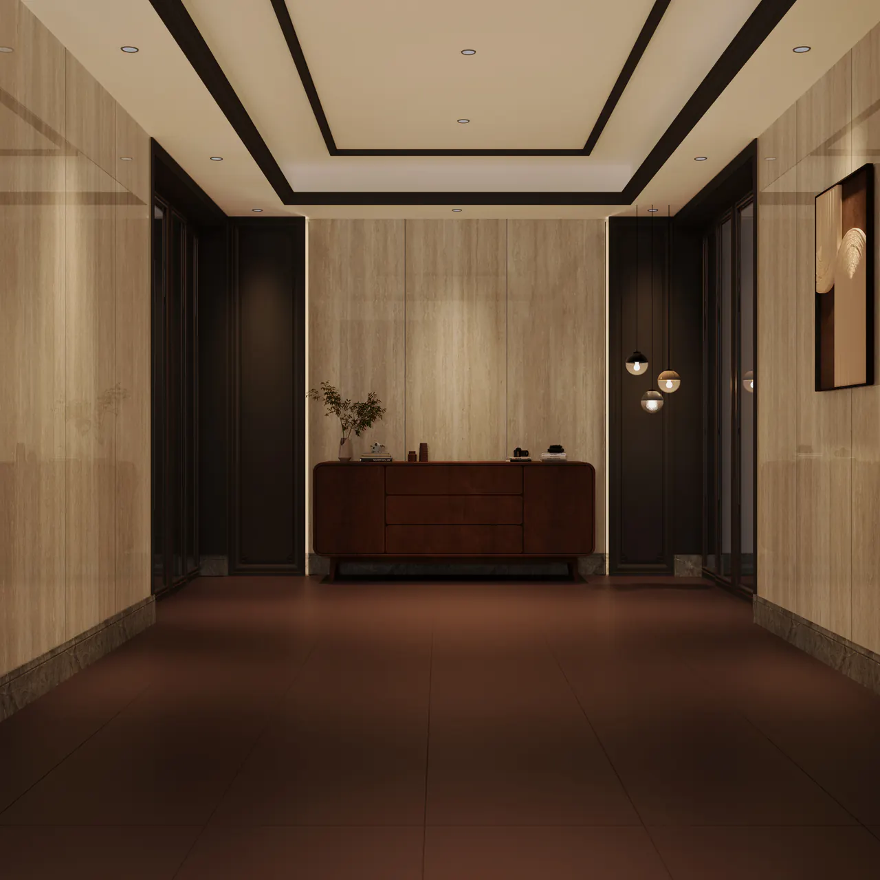 Corridor walled floor to ceiling in Roman Travertine large-format porcelain slabs, a walnut sideboard at its end