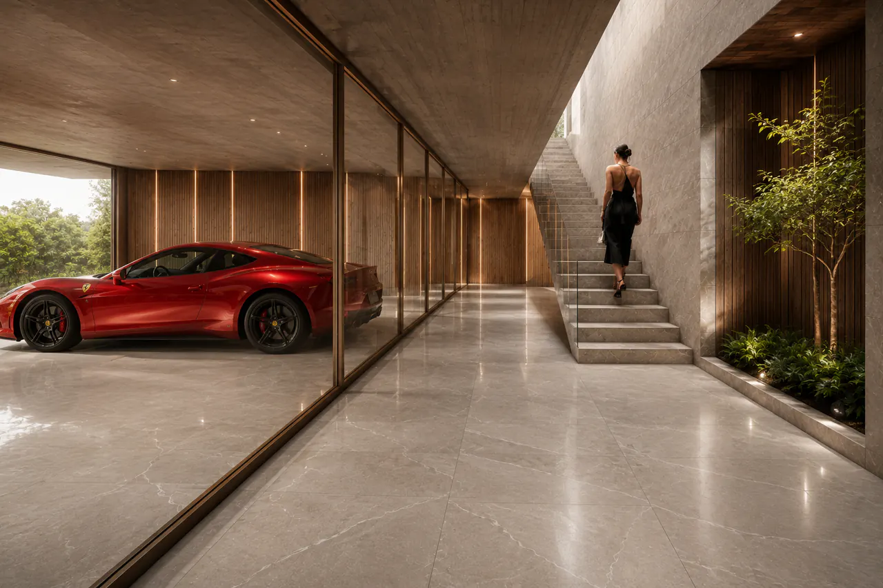 Glazed garage gallery floored in polished ORKAY porcelain, a red sports car behind the glass