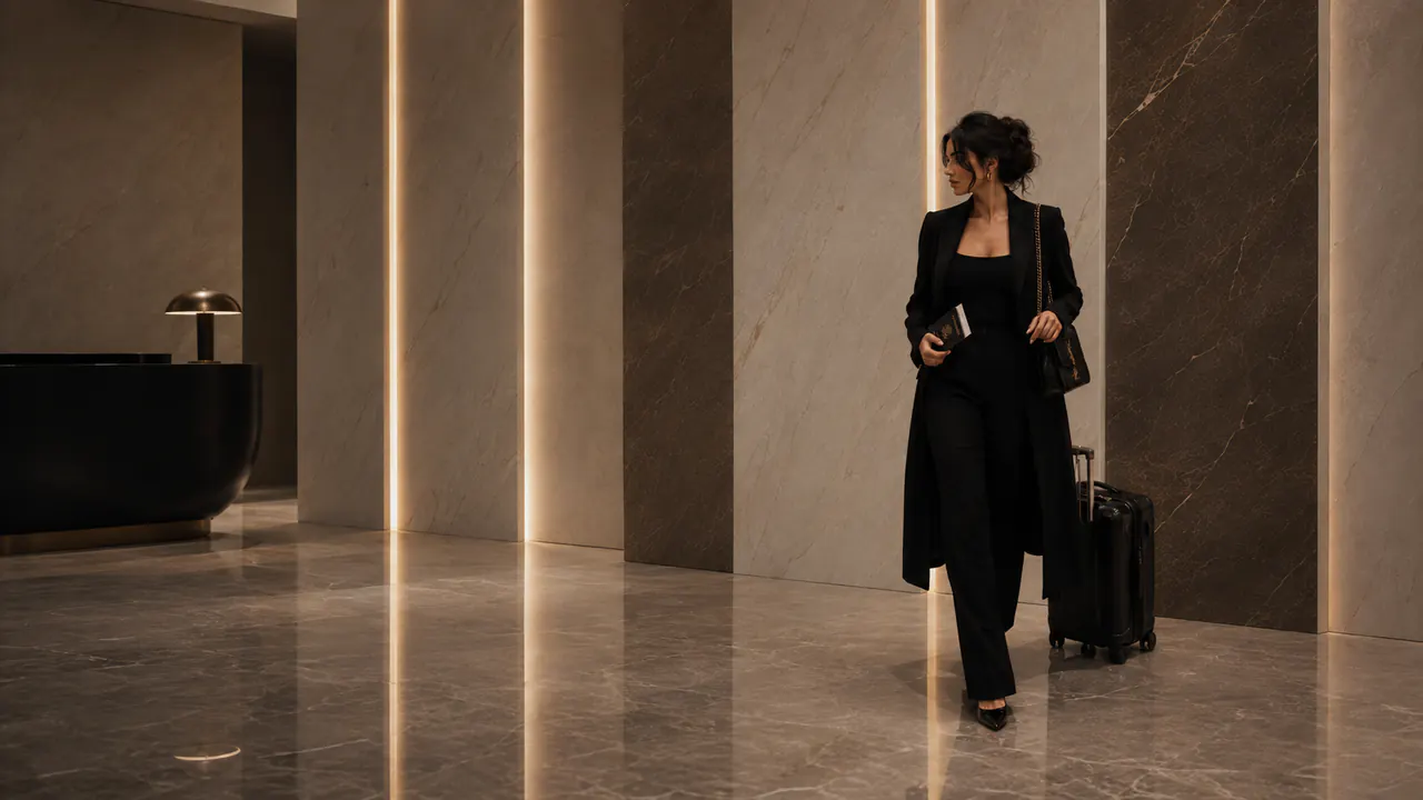 Hotel lobby walled in stone-look ceramic tile, a guest crossing the polished floor